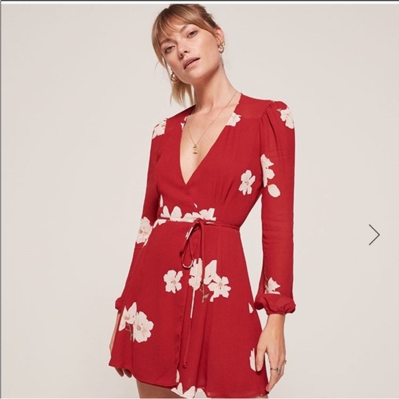 Reformation Red Collins Floral Wrap Mini Dress Size XS - Picture 11 of 11